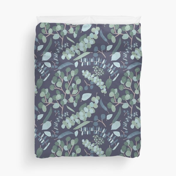 Abstract Eucalyptus Leaves Pattern - Teal and Green on Navy Blue Duvet Cover