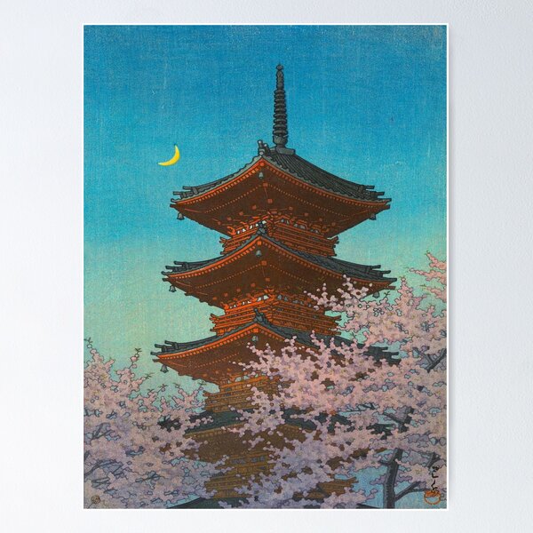 Item preview, Kawase Hasui Evening Glow in Spring Ueno Toshogu Shrine by Kawase Hasui Vintage Japanese Woodblock Print designed and sold by Ejaaz.