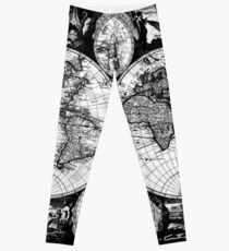 Vintage Map of The World (1685) Black & White Leggings