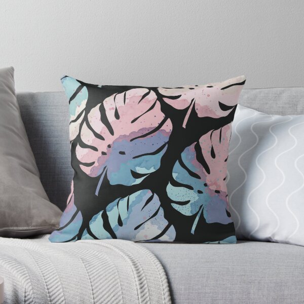 Rainbow Monstera Leaf Pattern - Black Background Throw Pillow