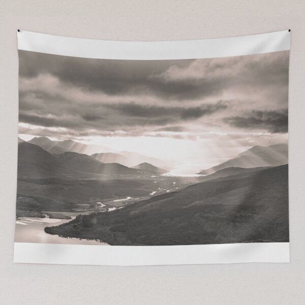 Item preview, Crepuscular Rays over Fort William and Loch Linnhe from Meall Coire Lochain (B&W) designed and sold by ScotLandscapes.