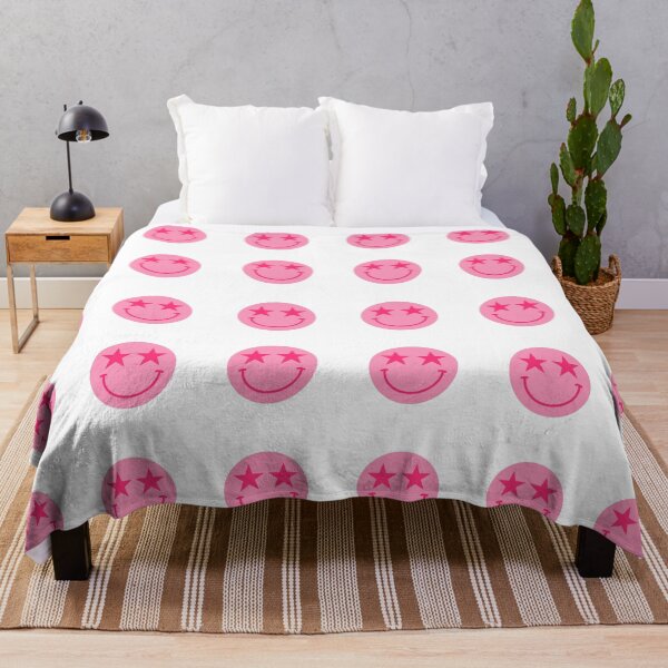Pink Star Smiley Face Throw Blanket
