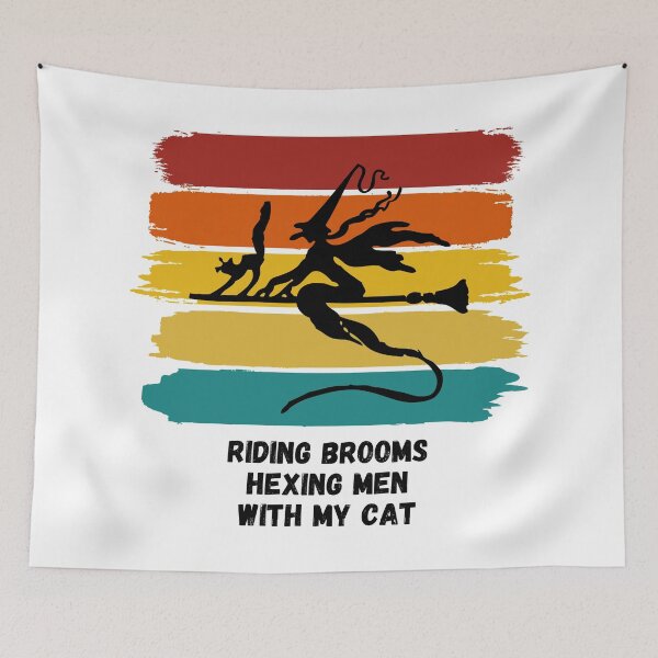 Item preview, Sunset Witch Riding Brooms Hexing Men with My Cat designed and sold by Nathalie Aynié.