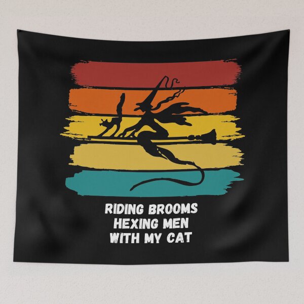 Item preview, Sunset Witch Riding Brooms Hexing Men with My Cat designed and sold by Nathalie Aynié.