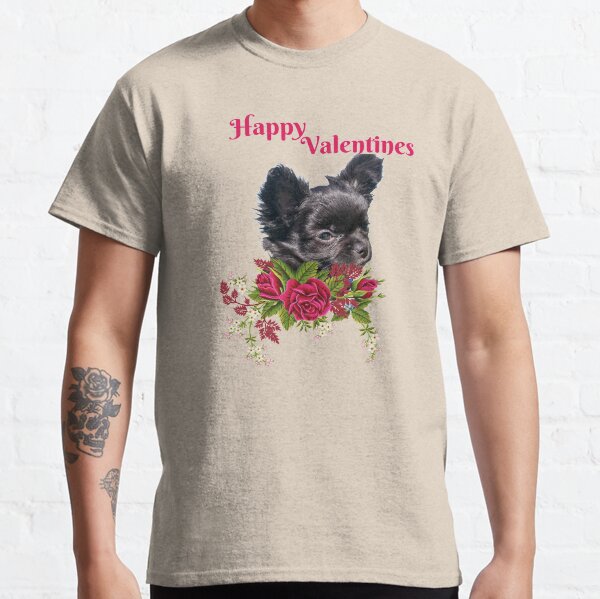 Valentines Black Chi Pup with Spray of Red Roses Classic T-Shirt
