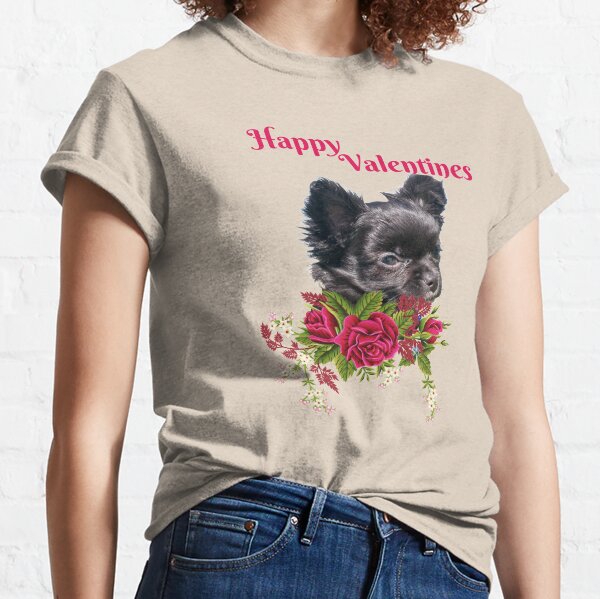 Valentines Black Chi Pup with Spray of Red Roses Classic T-Shirt