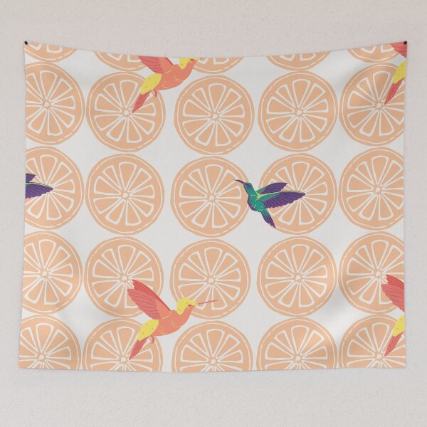 Item preview, Tropical hummingbirds with citrus fruit pattern designed and sold by TheWaterBirds.