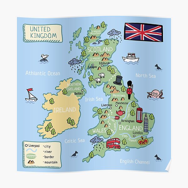Cartoon map United Kingdom Poster
