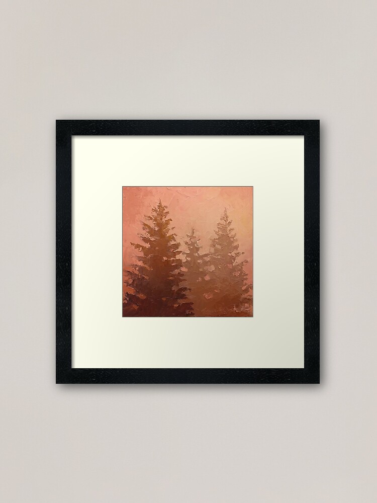 Cedar Trees Silhouette Foggy Forest Painting Framed Art Print By Karen Whitworth Redbubble