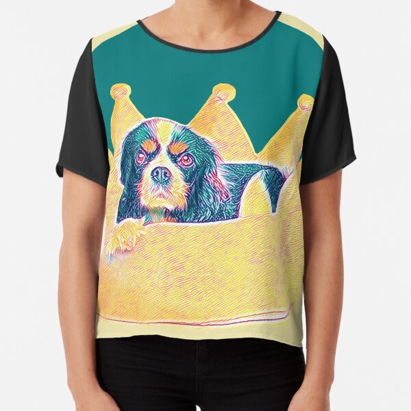 Cute Cavalier King Charles Spaniel dog art in crown bed Chiffon Top
