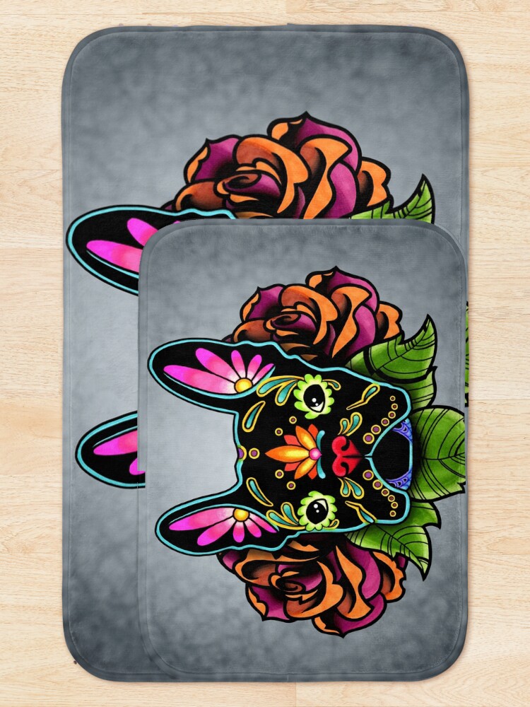 Alternate view of Day of the Dead French Bulldog in Black Sugar Skull Dog Bath Mat