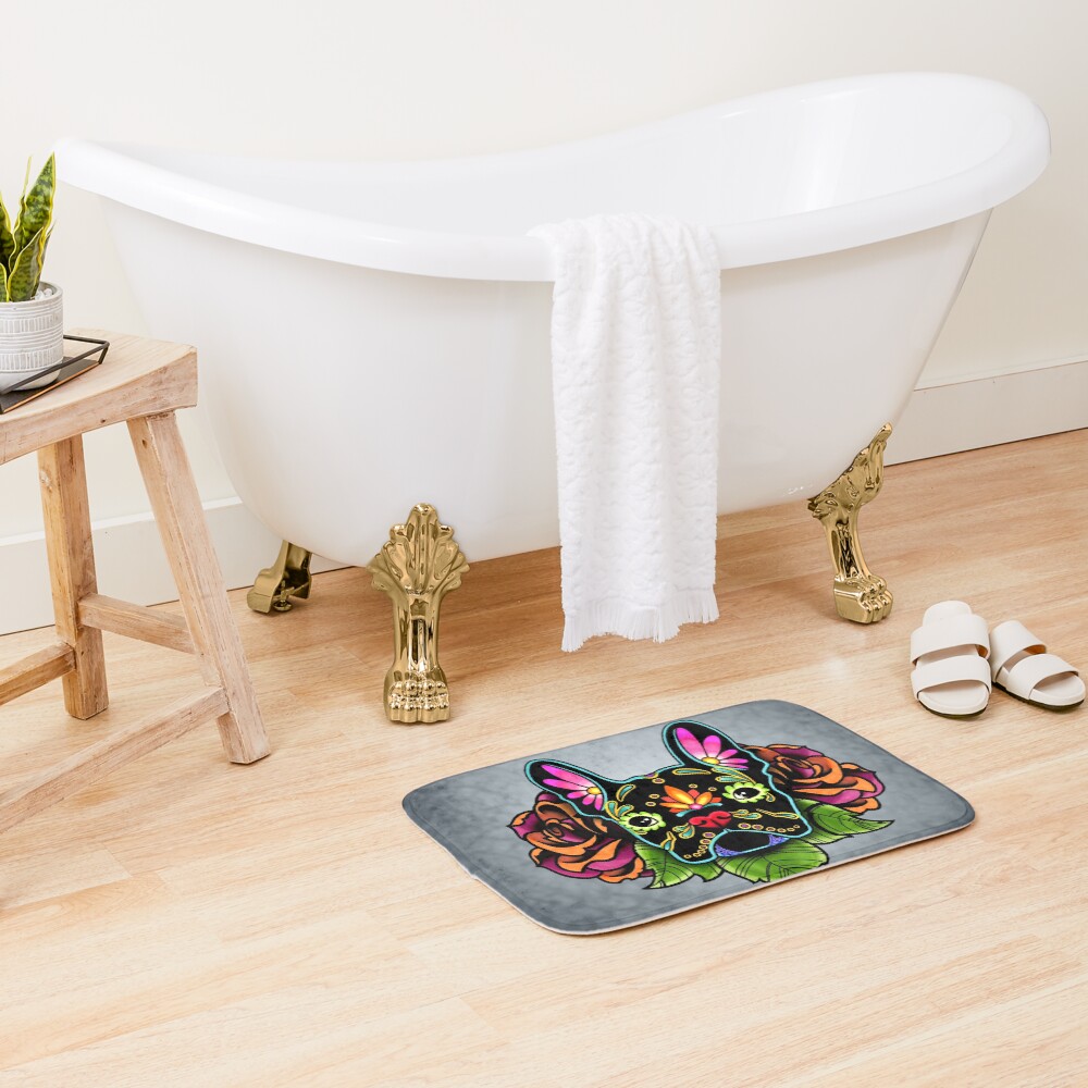 Day of the Dead French Bulldog in Black Sugar Skull Dog Bath Mat