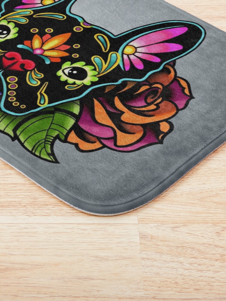 Alternate view of Day of the Dead French Bulldog in Black Sugar Skull Dog Bath Mat