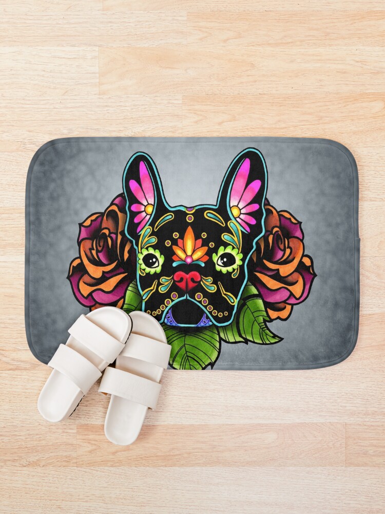 Alternate view of Day of the Dead French Bulldog in Black Sugar Skull Dog Bath Mat