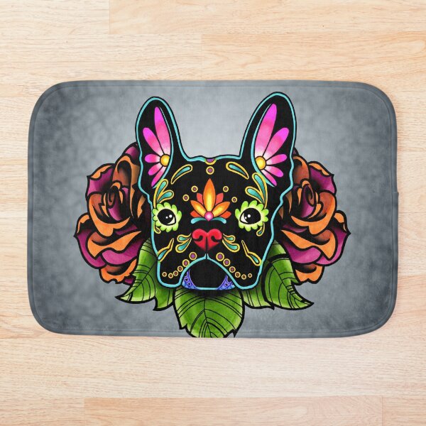Day of the Dead French Bulldog in Black Sugar Skull Dog Bath Mat