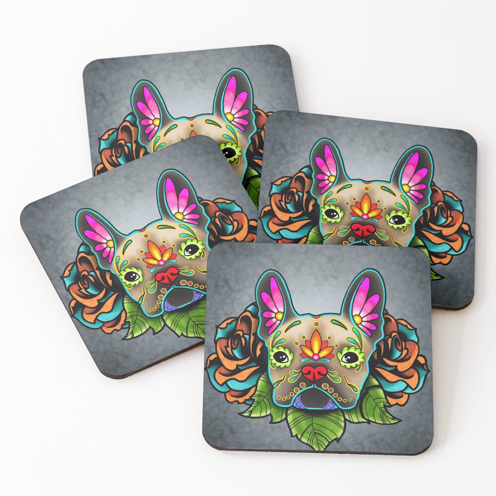 Day of the Dead French Bulldog in Fawn Sugar Skull Dog Coasters (Set of 4)