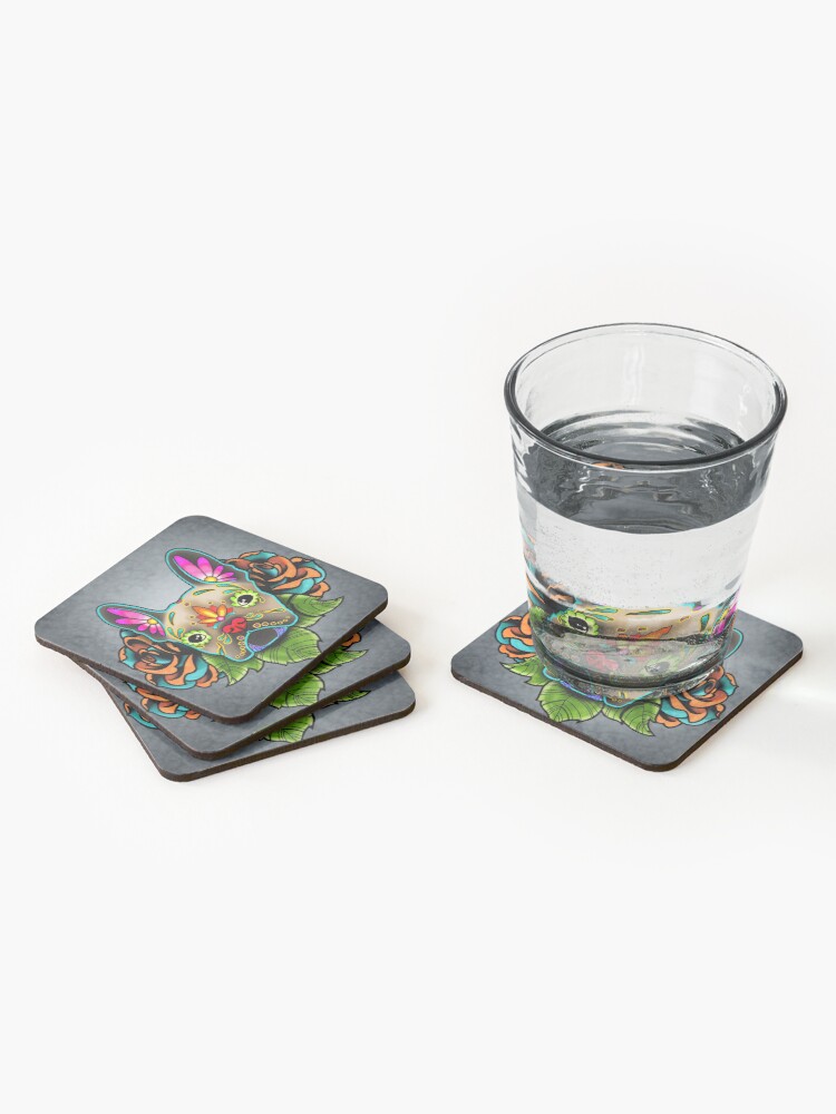 Alternate view of Day of the Dead French Bulldog in Fawn Sugar Skull Dog Coasters (Set of 4)