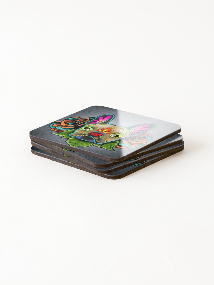 Alternate view of Day of the Dead French Bulldog in Fawn Sugar Skull Dog Coasters (Set of 4)