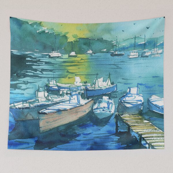 Item preview, Boats in Harbour in Watercolor designed and sold by darrenyeoart.