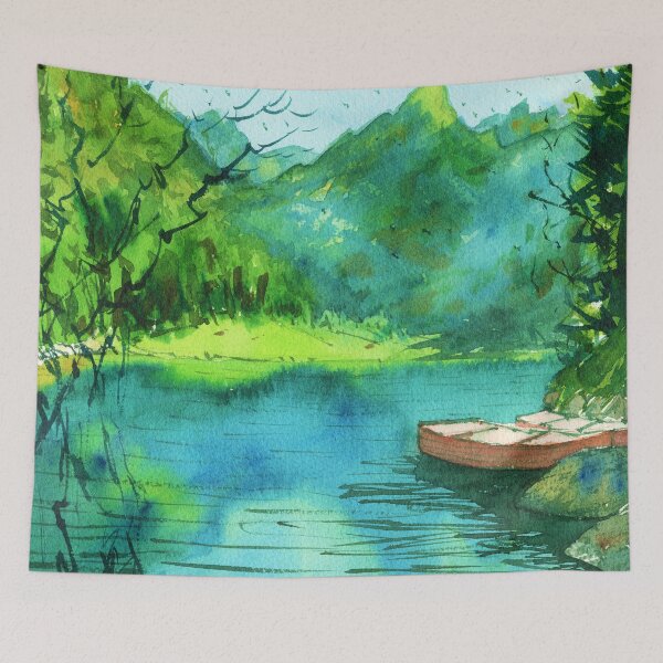 Item preview, Boat and Mountain Landscape Painting designed and sold by darrenyeoart.
