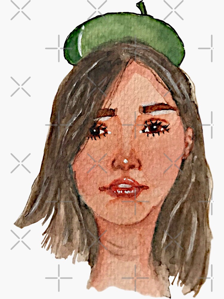 "Girl With Green Beret Watercolor Painting" Sticker for Sale by avejane