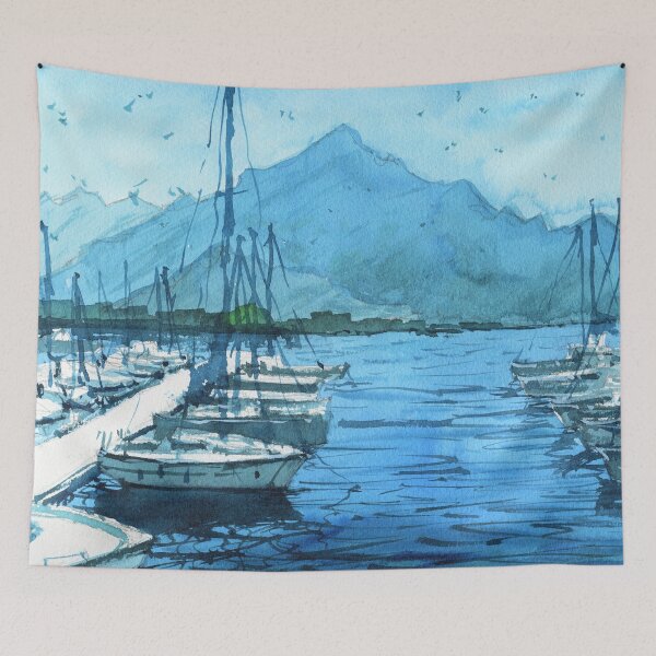 Item preview, Boats in Harbour Landscape Painting designed and sold by darrenyeoart.
