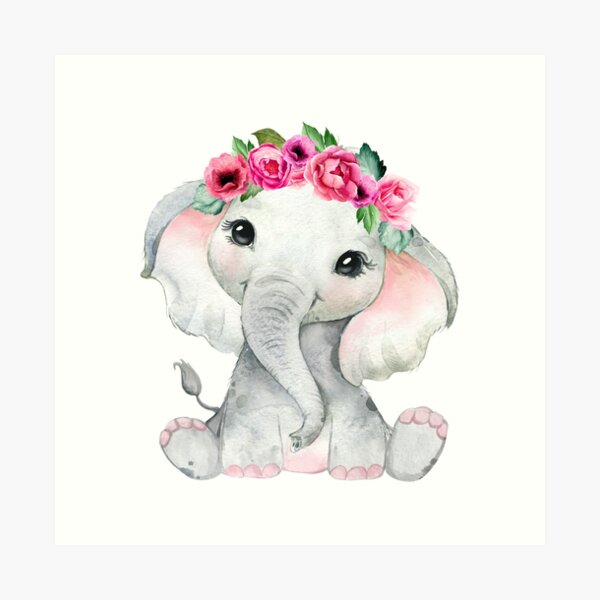 Cute Baby Girl Watercolor Elephant with Flowers Greeting Card for Sale by  StickerArtwork