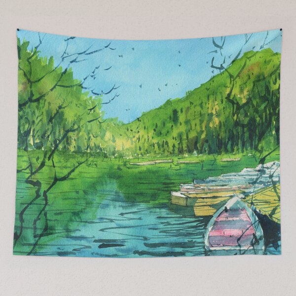 Item preview, Boat and Mountain Landscape Painting 2 designed and sold by darrenyeoart.
