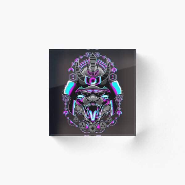 Artikelvorschau, Yokai Oni Hannya Maskierte Samurai Totenkopf Maske Lila Blau Geometrie Glitch Effekt entworfen und verkauft von MiscelChr.