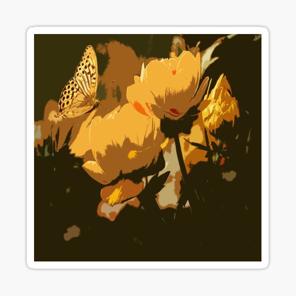 Yellow flowers buTterfly Argynnis Paphia Silver-Washed Fritillary on yellow anemone flowers Sticker