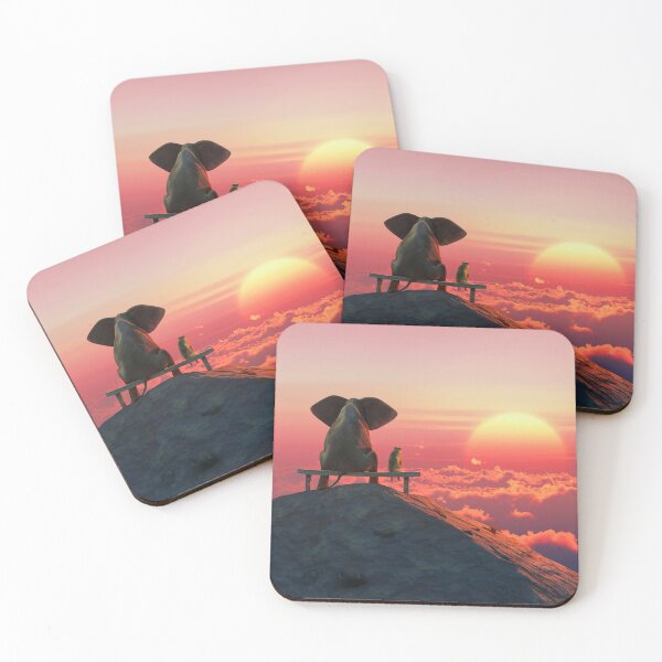 Item preview, Elephant and dog sit on a mountain top at sunset designed and sold by Mike Kiev art.