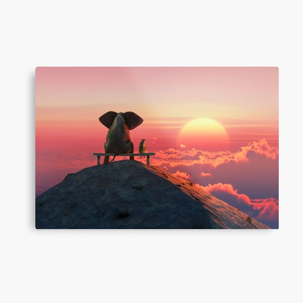 Artikel-Vorschau von Elefant und Hund sitzen auf einem Berggipfel bei Sonnenuntergang, designt und verkauft von Mike Kiev art.