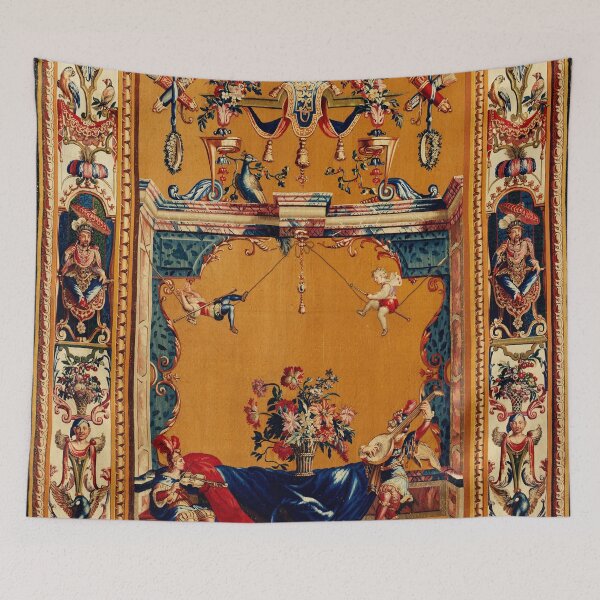 Item preview, Grotesque with Musicians, Acrobats on Rope ,Flowers,Peacock Floral French Tapestry designed and sold by BulganLumini.