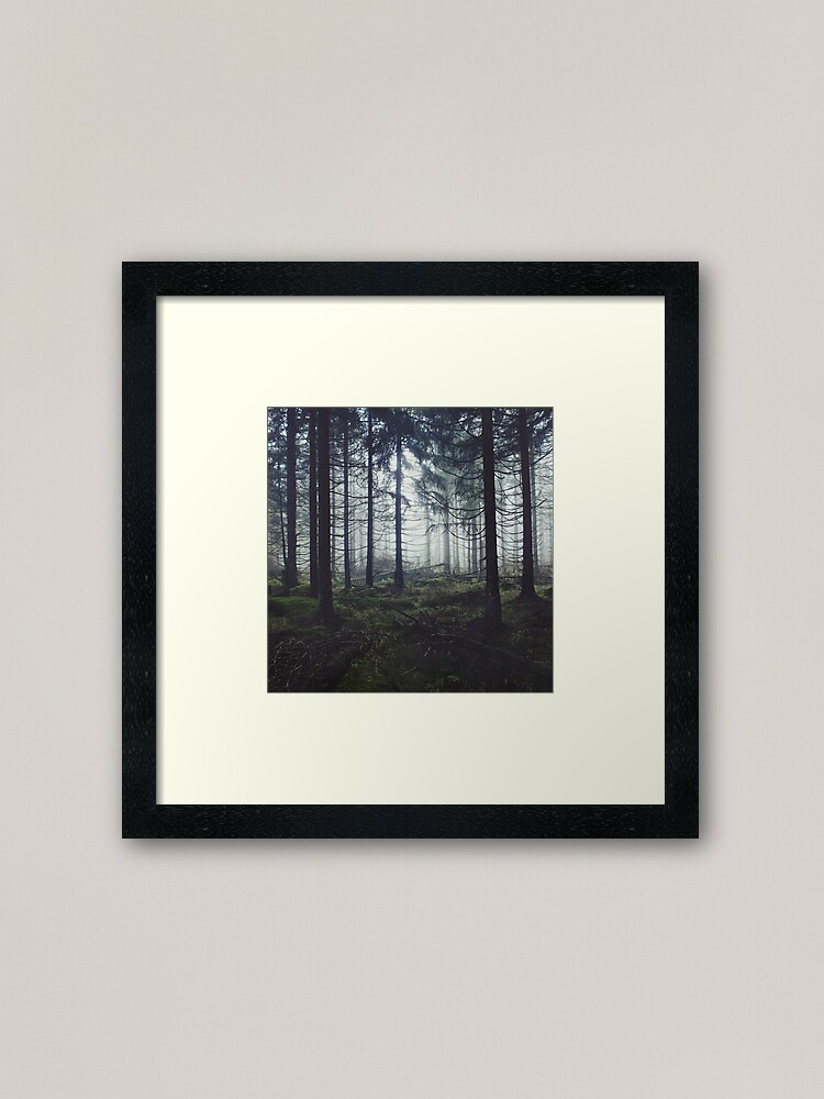 Thumbnail 1 of 7, Framed Art Print, Through The Trees // Nightwalker In Ghostwood Romantasy Foggy Misty Fairytale Forest Covered In Magic Fog designed and sold by tekay.