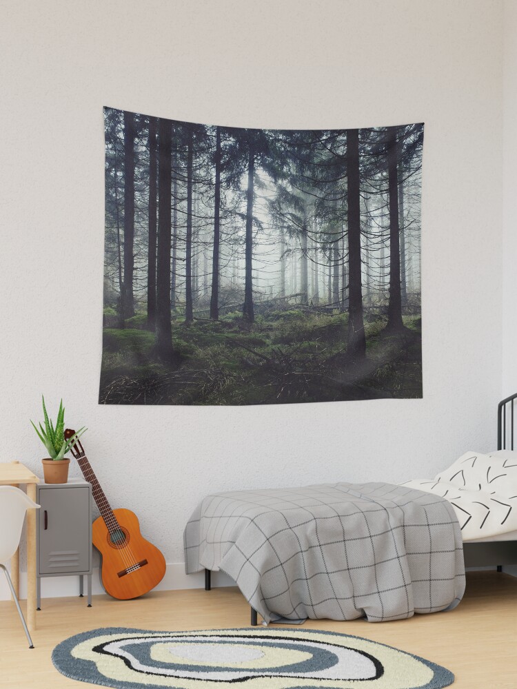 Thumbnail 1 of 3, Tapestry, Through The Trees // Nightwalker In Ghostwood Romantasy Foggy Misty Fairytale Forest Covered In Magic Fog designed and sold by tekay.