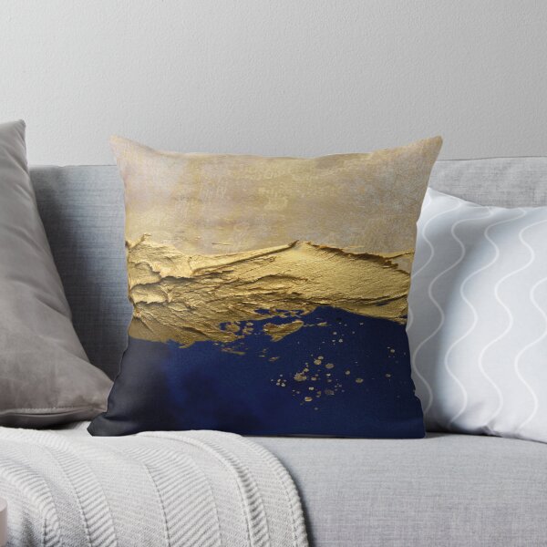 blue abstract scene with gold paint effect. Throw Pillow