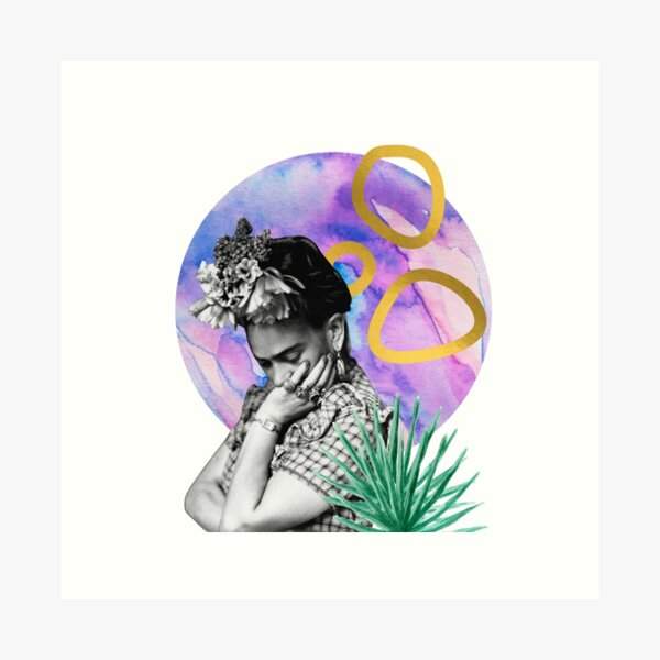Aperçu de l'œuvre Frida Kahlo, aquarelle fleurs et lune, couleur, noir et blanc créée et vendue par Adriana C (All about Frida).