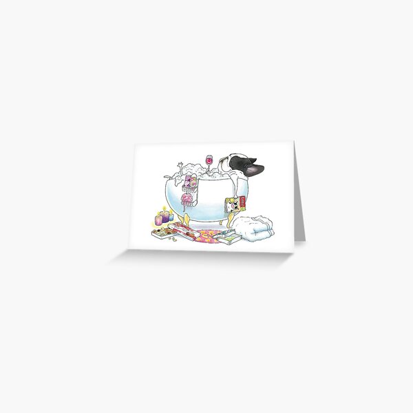 Frenchie in the Tub - black & white pied Greeting Card