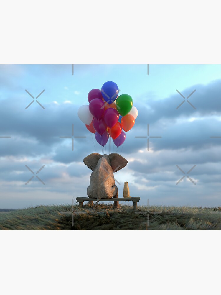 Thumbnail 3 of 3, Sticker, elephant and dog sit in the meadow with helium balloons designed and sold by mikekiev.