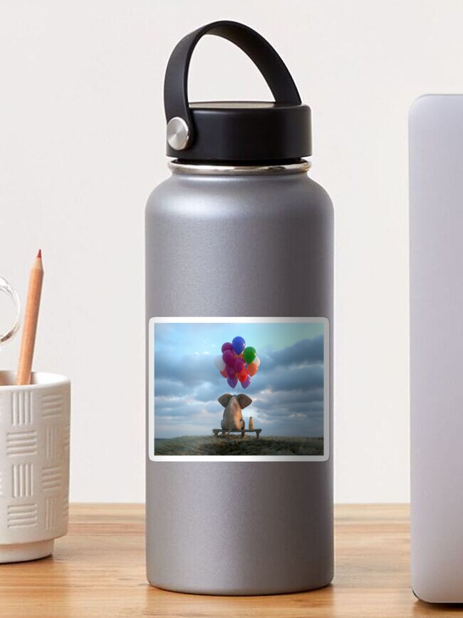 Thumbnail 1 of 3, Sticker, elephant and dog sit in the meadow with helium balloons designed and sold by mikekiev.