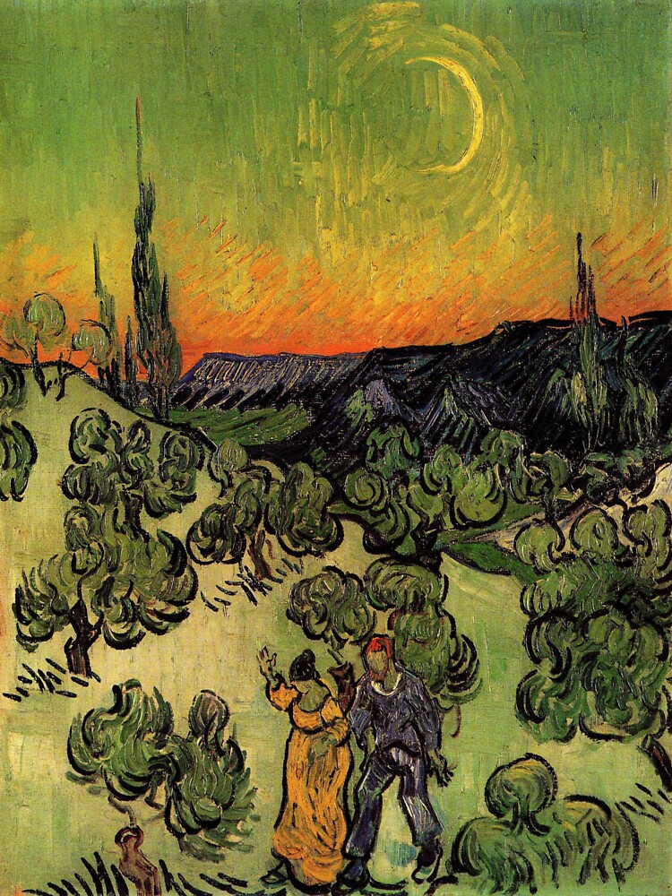 'Landscape with Couple Walking and Crescent Moon' by Vincent Van Gogh (Reproduction) by RozAbellera