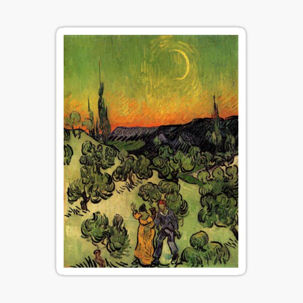 'Landscape with Couple Walking and Crescent Moon' by Vincent Van Gogh (Reproduction) Sticker