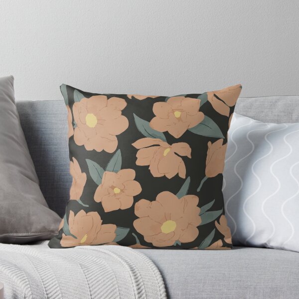 Warm peachy magnolias pattern on dark Throw Pillow