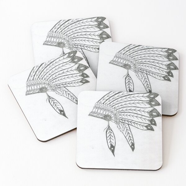 Realistic Indian Headdress Drawing Art -- Indian Hat Graphite Pencil Coasters (Set of 4)