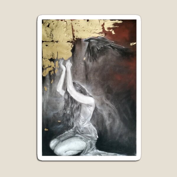 'On feathered breeze she remembers' Raven Art Magnet