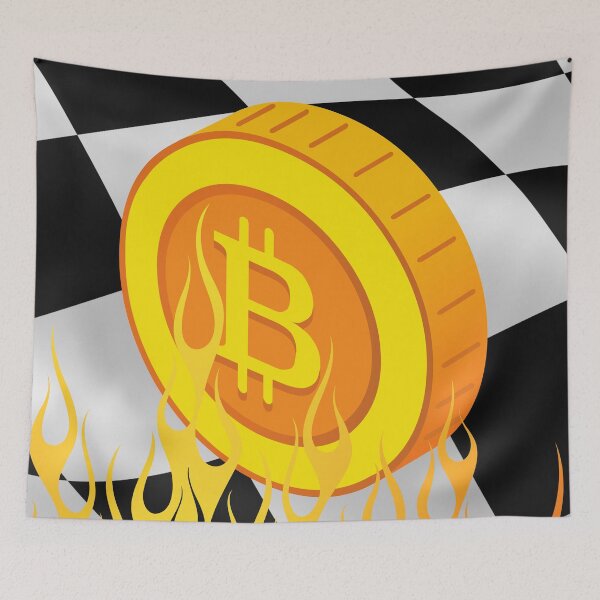 Item preview, Racing flag with Bitcoin and Flames designed and sold by FourNuns.