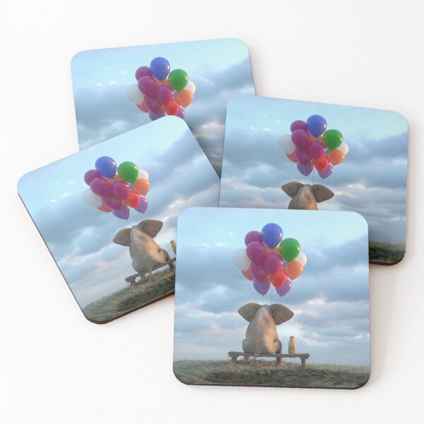 Item preview, elephant and dog sit in the meadow with helium balloons designed and sold by Mike Kiev art.
