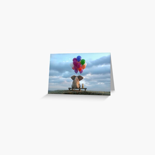 elephant and dog sit in the meadow with helium balloons Greeting Card