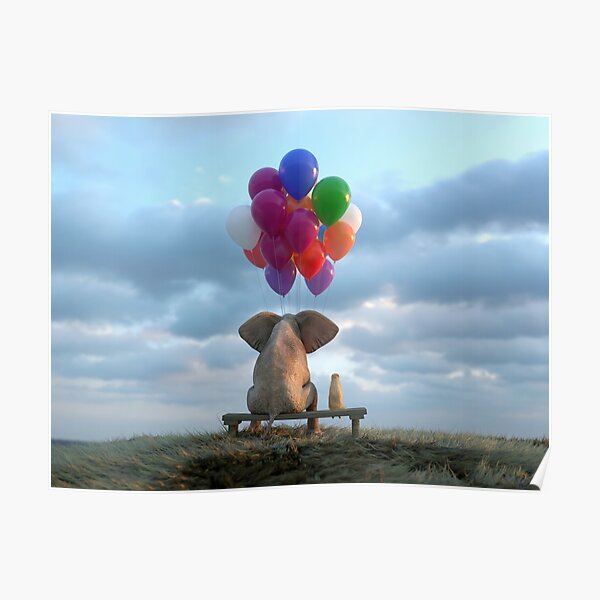 elephant and dog sit in the meadow with helium balloons Poster