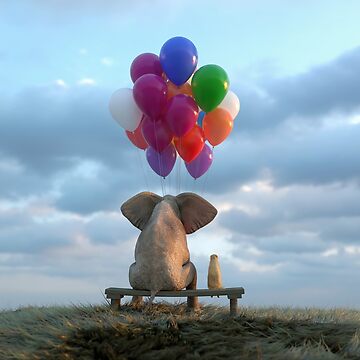 Artwork thumbnail, elephant and dog sit in the meadow with helium balloons by Mike Kiev art